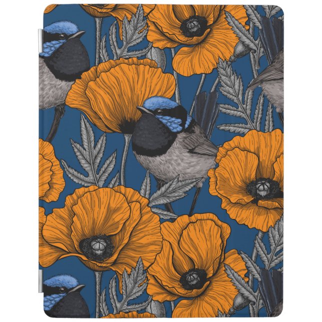 Fairy wrens and orange poppy flowers iPad smart cover (Front)