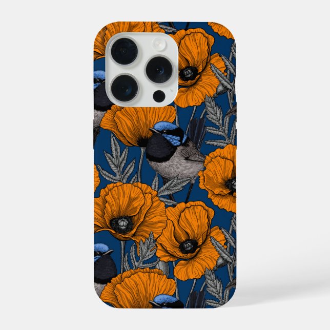 Fairy wrens and orange poppy flowers iPhone case (Back)