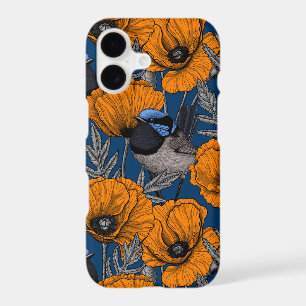 Fairy wrens and orange poppy flowers iPhone 17 case