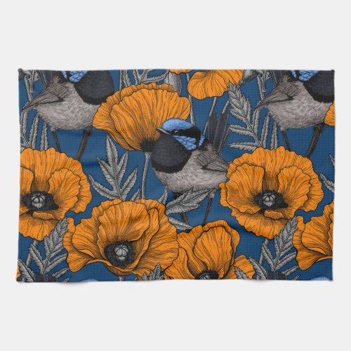 Fairy wrens and orange poppy flowers kitchen towel