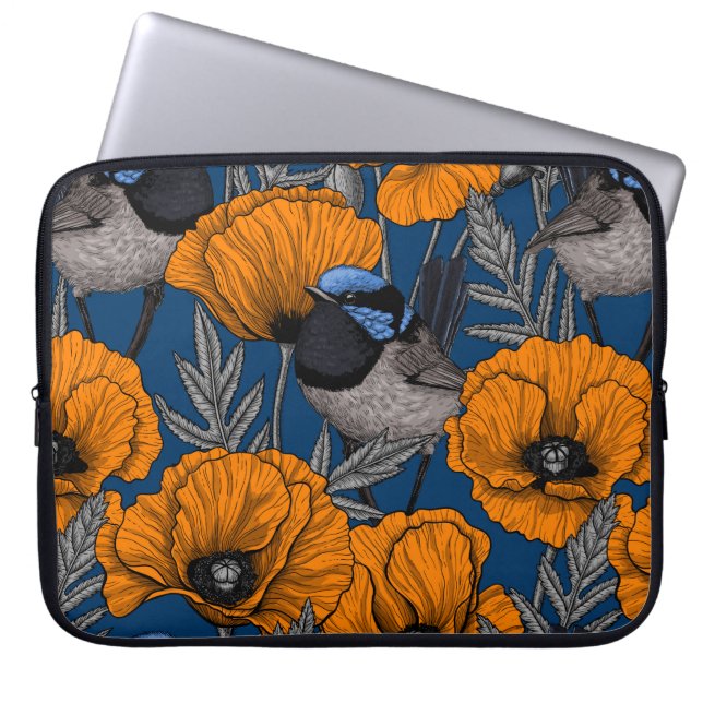 Fairy wrens and orange poppy flowers laptop sleeve (Front)