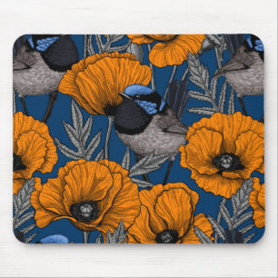 Fairy wrens and orange poppy flowers mouse pad