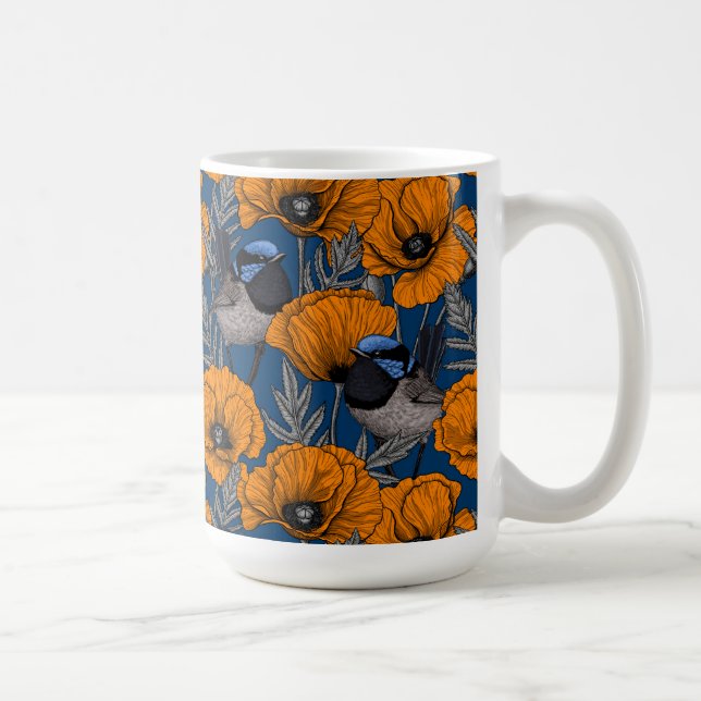 Fairy wrens and orange poppy flowers mug (Right)
