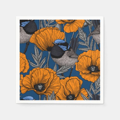 Fairy wrens and orange poppy flowers napkins