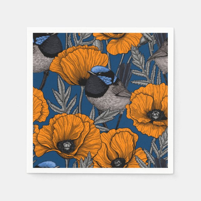 Fairy wrens and orange poppy flowers napkins (Front)