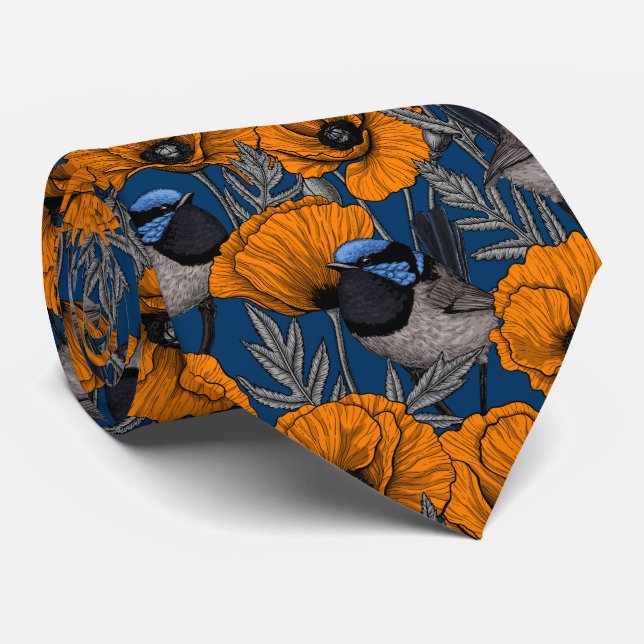 Fairy wrens and orange poppy flowers neck tie (Rolled)
