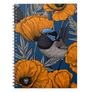 Fairy wrens and orange poppy flowers notebook