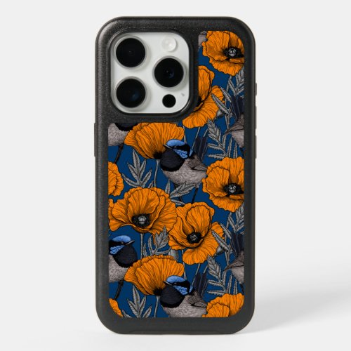 Fairy wrens and orange poppy flowers iPhone 15 pro case