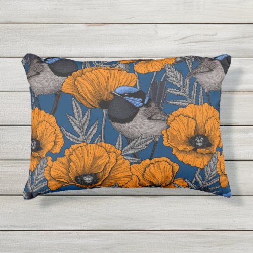 Fairy wrens and orange poppy flowers outdoor pillow