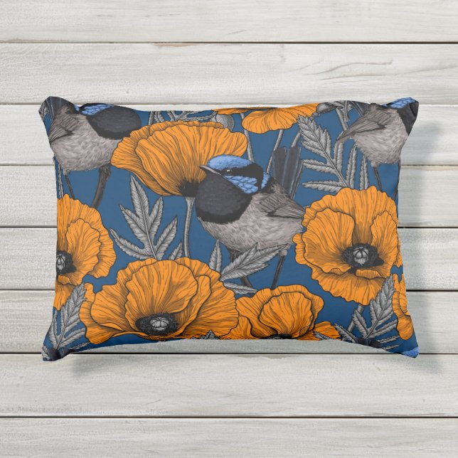 Fairy wrens and orange poppy flowers outdoor pillow (Front)