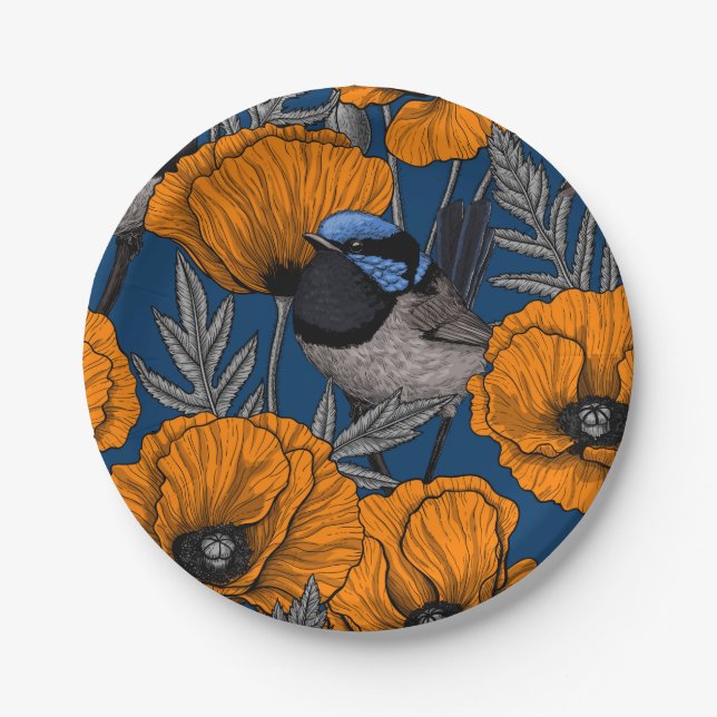 Fairy wrens and orange poppy flowers paper plates (Front)