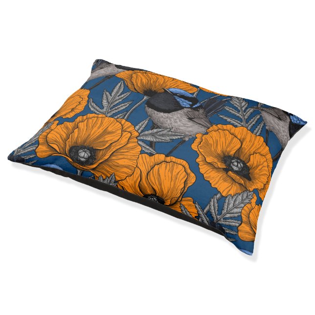 Fairy wrens and orange poppy flowers pet bed (Angled)