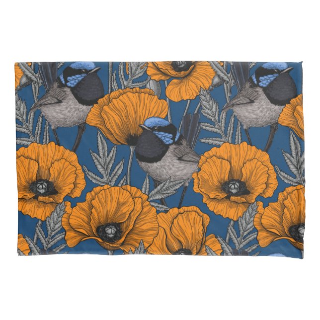 Fairy wrens and orange poppy flowers pillow case (Front-Left)