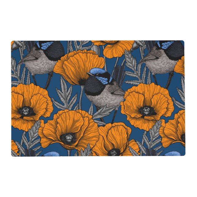 Fairy wrens and orange poppy flowers placemat (Front)