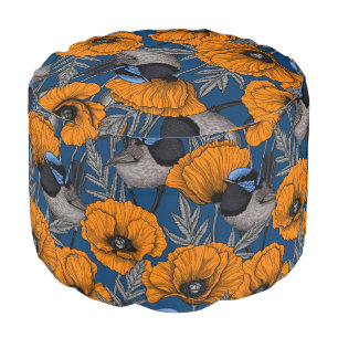 Fairy wrens and orange poppy flowers pouf