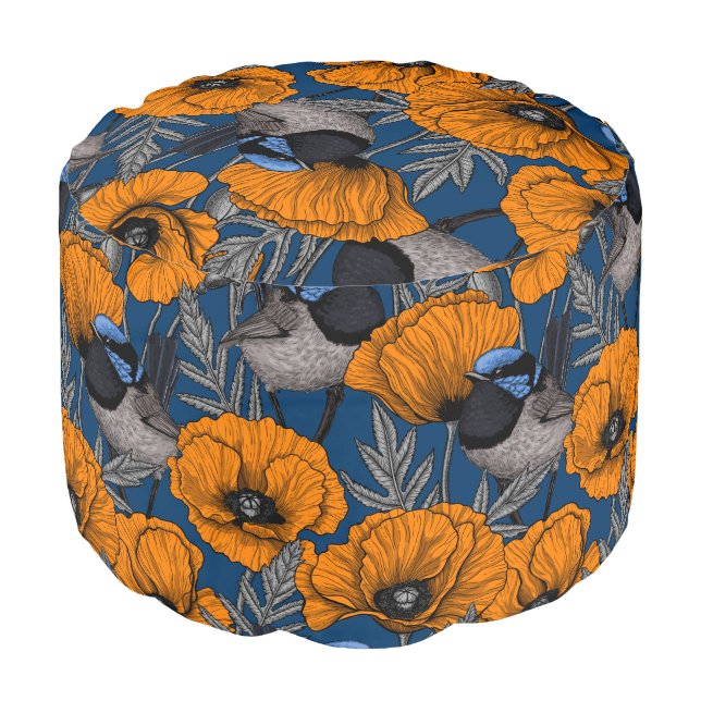 Fairy wrens and orange poppy flowers pouf (Angled Front)