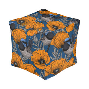 Fairy wrens and orange poppy flowers pouf