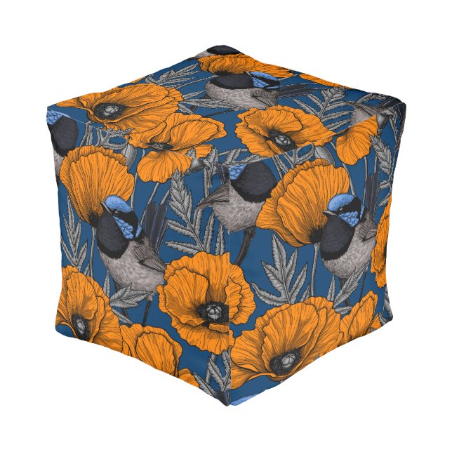 Fairy wrens and orange poppy flowers pouf (Angled Front)