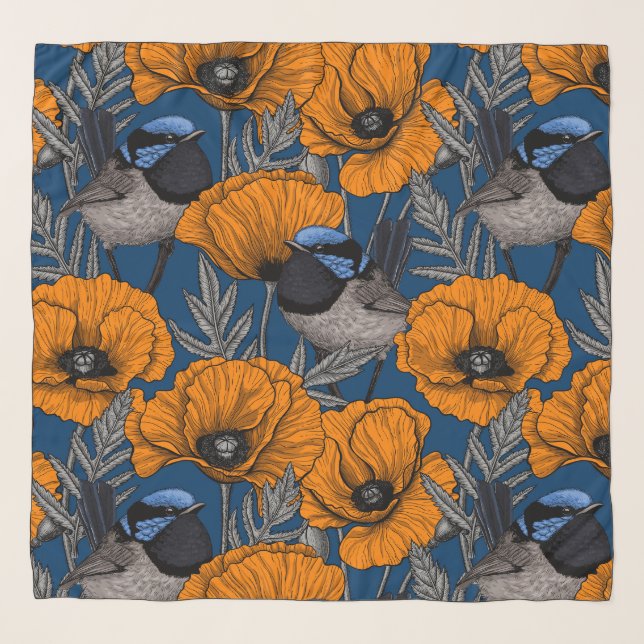Fairy wrens and orange poppy flowers scarf (Front)