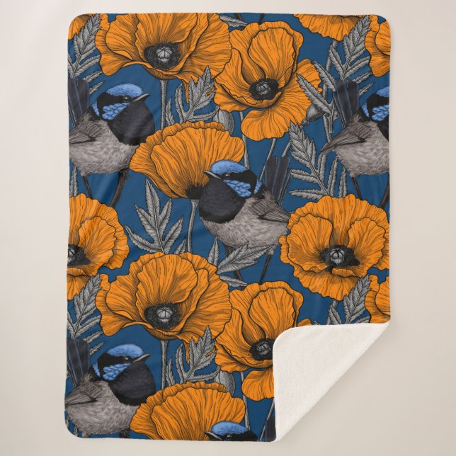 Fairy wrens and orange poppy flowers sherpa blanket (Front)