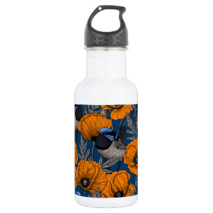 Fairy wrens and orange poppy flowers stainless steel water bottle