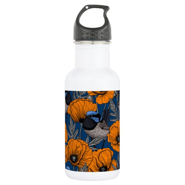 Fairy wrens and orange poppy flowers stainless steel water bottle (Front)