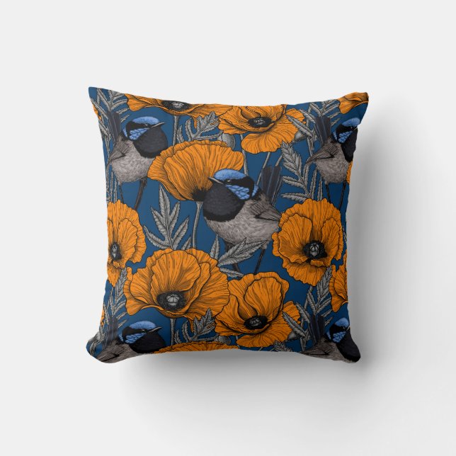 Fairy wrens and orange poppy flowers throw pillow (Front)