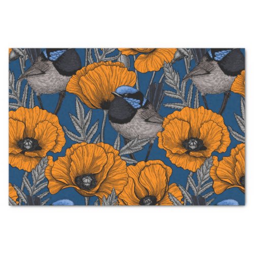 Fairy wrens and orange poppy flowers tissue paper