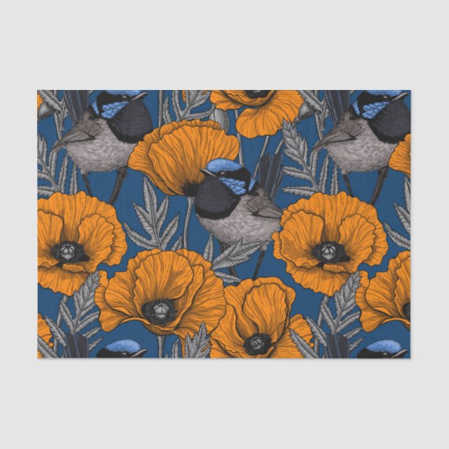 Fairy wrens and orange poppy flowers tissue paper (Front)
