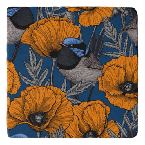 Fairy wrens and orange poppy flowers trivet