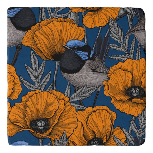 Fairy wrens and orange poppy flowers trivet (Front)