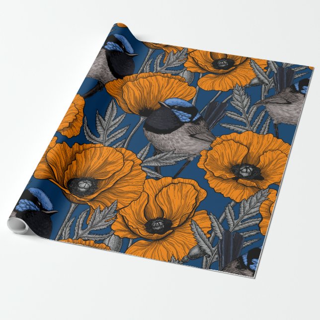 Fairy wrens and orange poppy flowers wrapping paper (Unrolled)
