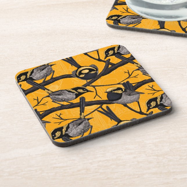 Fairy wrens in yellow beverage coaster (Left Side)