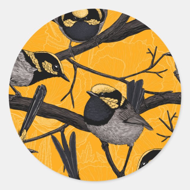 Fairy wrens in yellow classic round sticker (Front)