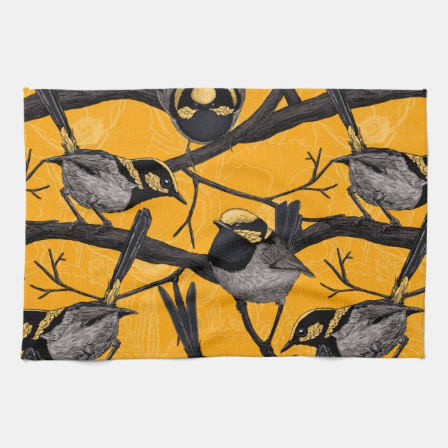 Fairy wrens in yellow kitchen towel (Horizontal)