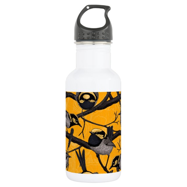 Fairy wrens in yellow stainless steel water bottle (Front)