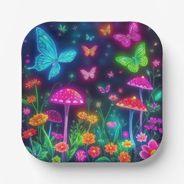 Fairycore-Butterflies Flowers and Mushrooms Paper Plates (Front)