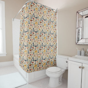 Fairycore Colorful Whimsical Mushrooms on Beige Shower Curtain
