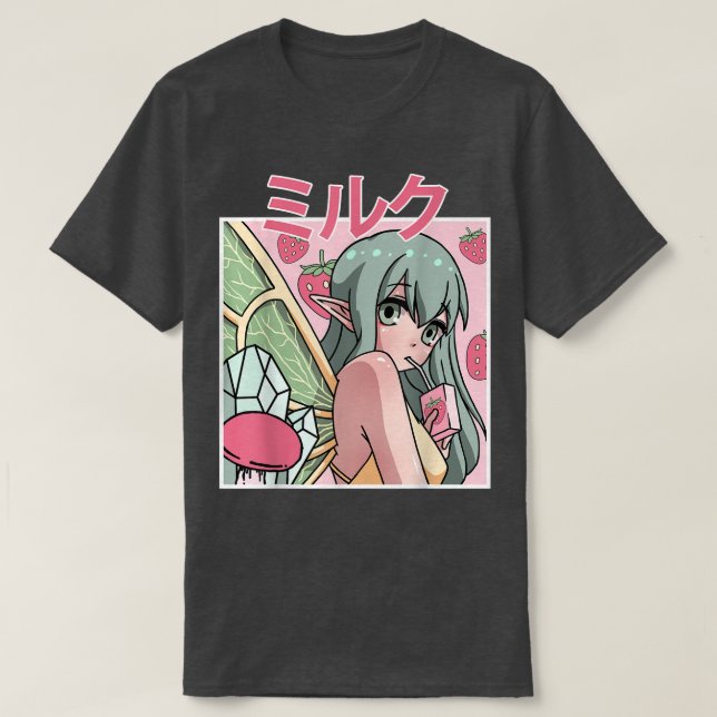 Fairycore Esthetic Fairy Drinking Japanese Strawb T-Shirt (Design Front)