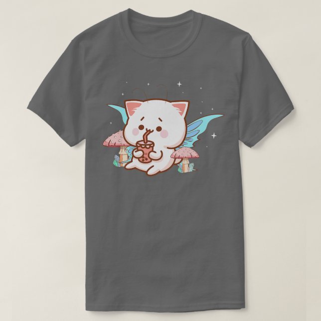 Fairycore Esthetic Fairy Kawaii Cat Drinking Bubb T-Shirt (Design Front)