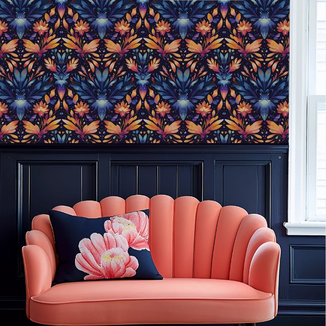 Fairycore Ethereal Blue and Orange Floral Wallpaper (Fairycore Ethereal Blue and Orange Floral Wallpaper above a coral scalloped sofa.)