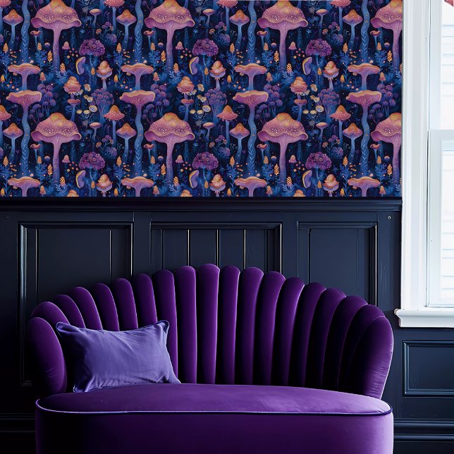Fairycore Purple and Blue Whimsical Fungus Wallpaper (Fairycore Purple and Blue Whimsical Fungus Wallpaper above a purple scalloped sofa.)