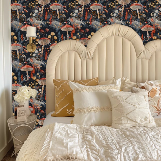 Fairycore Red Toadstools in a Gray Forest Wallpaper (Fairycore Red Toadstools in a Gray Forest Wallpaper behind a cream headboard.)