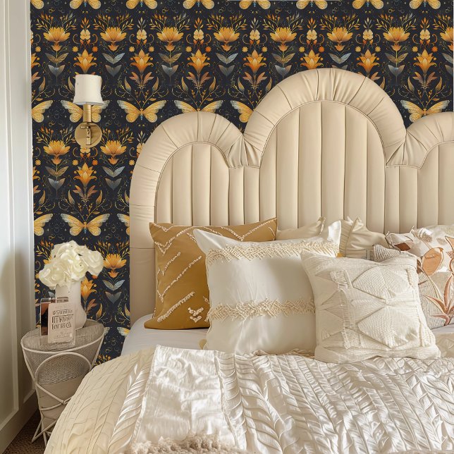 Fairycore Yellow Butterflies and Flowers Wallpaper (Fairycore Yellow Butterflies and Flowers Wallpaper behind a cream colored headboard.)