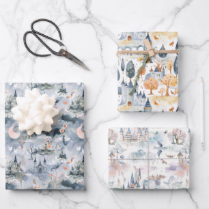 Fairyland Castles Blue Pink Wrapping Paper Sheets