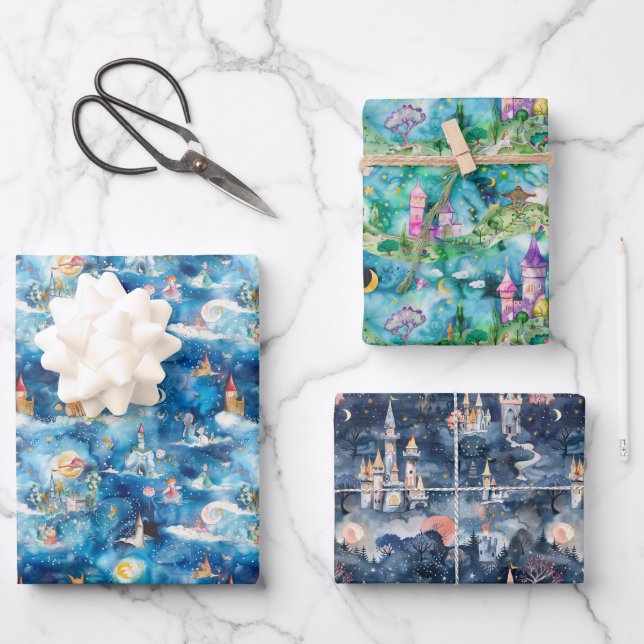 Fairyland Castles Blue Wrapping Paper Sheets (Front)