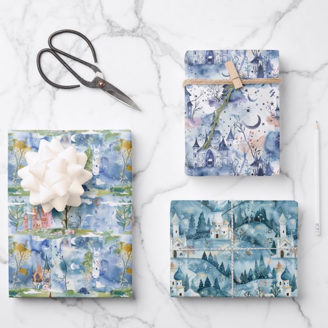 Fairyland Castles Blue Wrapping Paper Sheets (Front)