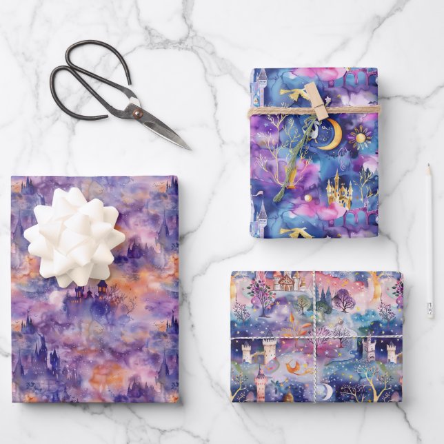 Fairyland Castles Purple Wrapping Paper Sheets (Front)