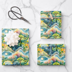 Fairyland Landscape Green Orange Wrapping Paper Sheets