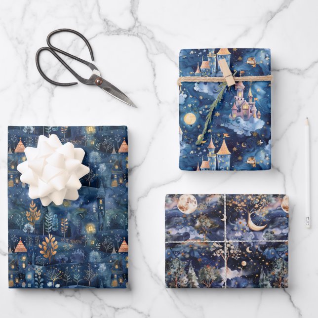 Fairyland Landscape Navy Blue Night  Wrapping Paper Sheets (Front)